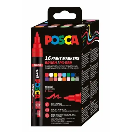 Posca PC-5BR Caja con 16 Marcadores de Pintura - Punta Brush 1-4mm - Tinta Base al Agua - Resistente a la Luz - No Permanente -