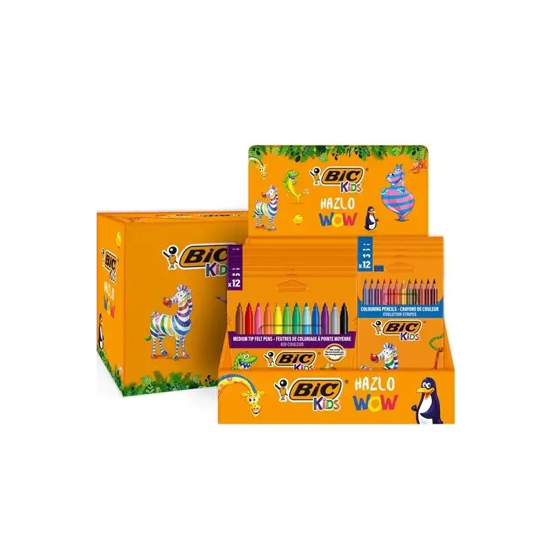 Bic Kids Expositor de 12 Packs de 12 Rotuladores Couleur + 12 Packs de 12 Lapices de Colores Evolution Stripes - Colores Surtido