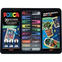 Posca Pop Colours Maleta Metalica con 20 Marcadores de Pintura - Surtido en Color y Trazo - Punta de Poliester - Tinta Pigmentad
