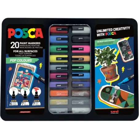 Posca Pop Colours Maleta Metalica con 20 Marcadores de Pintura - Surtido en Color y Trazo - Punta de Poliester - Tinta Pigmentad