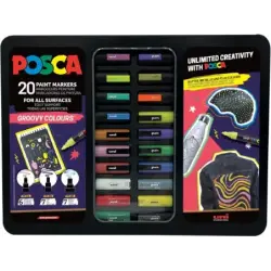 Posca Groovy Colours Maleta Metalica con 20 Marcadores de Pintura - Surtido en Color y Trazo - Punta de Poliester - Tinta Pigmen