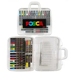 Posca Maleta de Plastico con 20 Marcadores de Pintura - Punta de Poliester - Tinta Pigmentada Base Agua - No Permanente - Resist