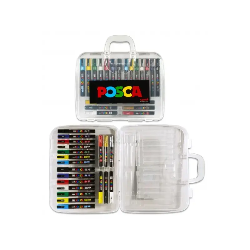 Posca Maleta de Plastico con 20 Marcadores de Pintura - Punta de Poliester - Tinta Pigmentada Base Agua - No Permanente - Resist