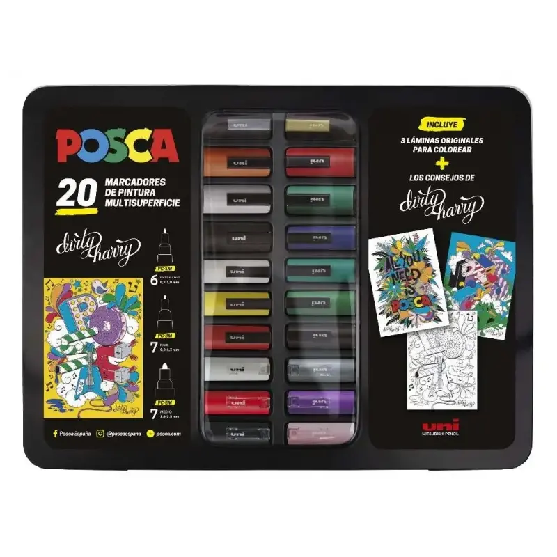 Posca Maleta Metalica con 20 Marcadores de Pintura - Surtido en Color y Trazo - Punta de Poliester - Tinta Pigmentada Base Agua