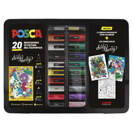 Posca Maleta Metalica con 20 Marcadores de Pintura - Surtido en Color y Trazo - Punta de Poliester - Tinta Pigmentada Base Agua