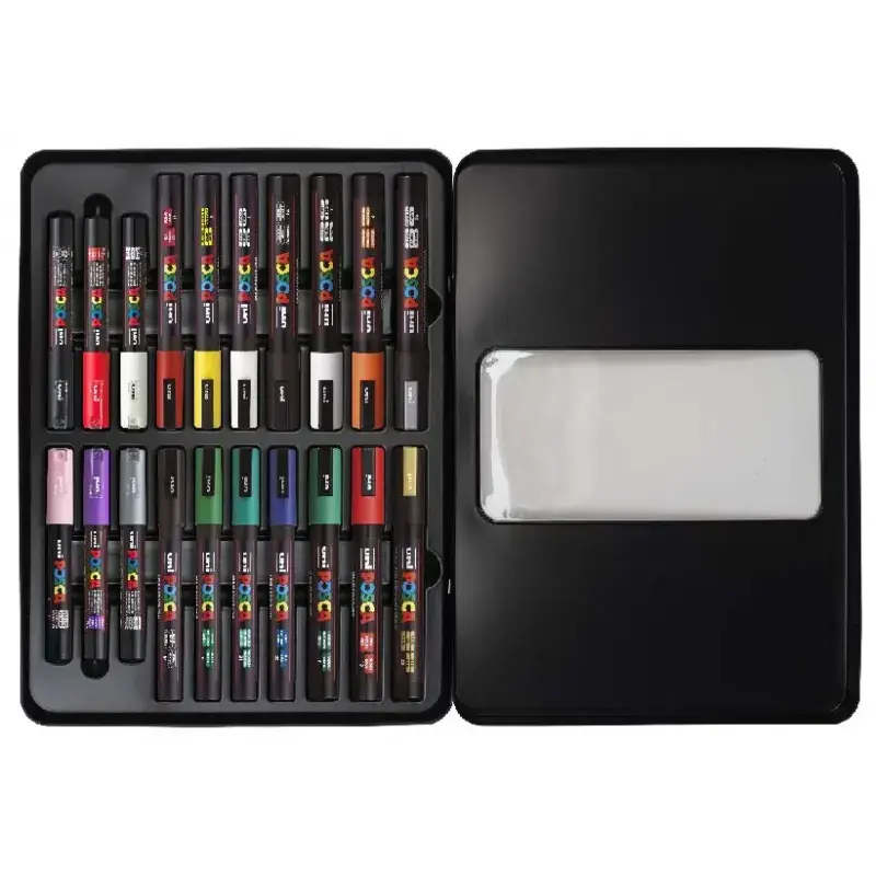 Posca Maleta Metalica con 20 Marcadores de Pintura - Surtido en Color y Trazo - Punta de Poliester - Tinta Pigmentada Base Agua