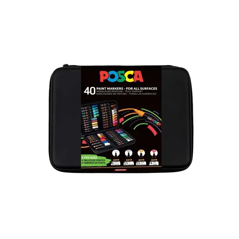 Posca Maletin Premium con 40 Marcadores de Pintura - Surtido en Color y Trazo - Punta de Poliester - Tinta Pigmentada Base Agua