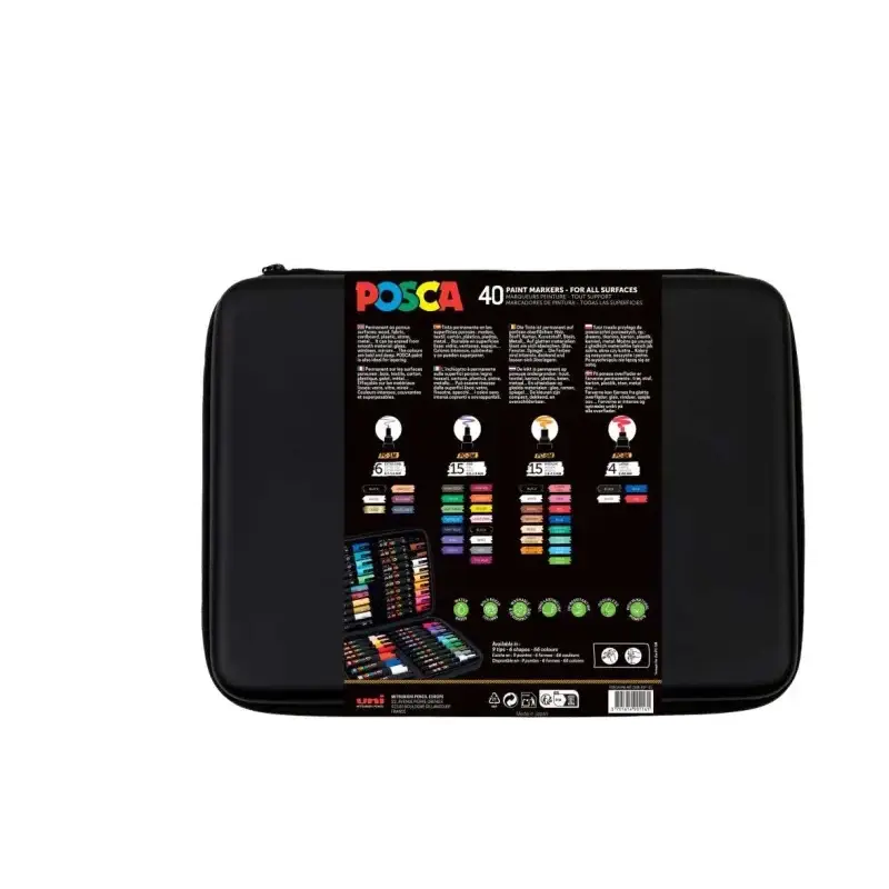 Posca Maletin Premium con 40 Marcadores de Pintura - Surtido en Color y Trazo - Punta de Poliester - Tinta Pigmentada Base Agua