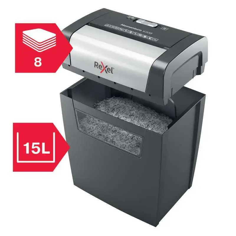 Rexel Momentum X308 Destructora Manual de Papel Corte Confeti P-3 - Funcionamiento Ininterrumpido 3 Minutos - Papelera de 15L -