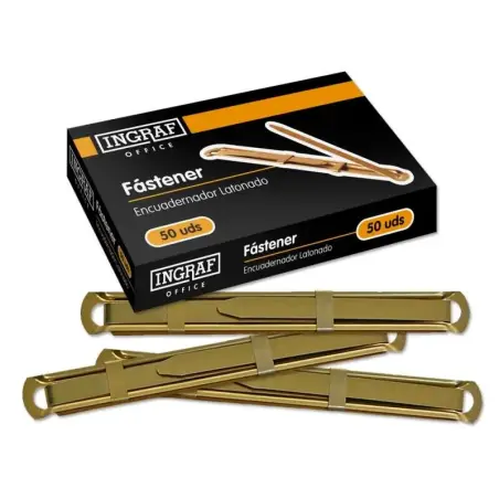 Ingraf Pack de 50 Fasteners - Latonado para Encuadernacion Rapida y Resistente - Incluye Lengüeta y Corredera - Color Oro | Ahor