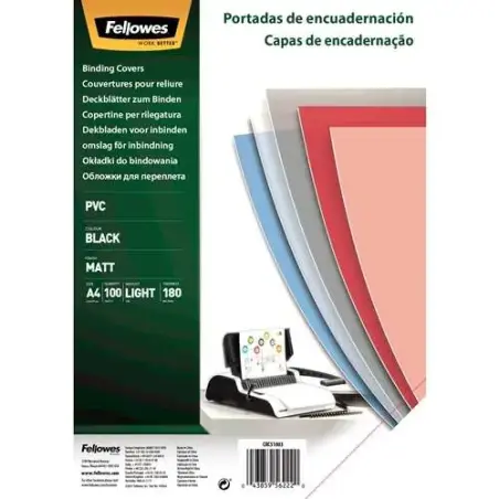 Fellowes Pack de 100 Portadas para Encuadernar de PVC A4 - 180 Micras - Acabado de Calidad - Color Negro | Ahorro Imprimiendo
