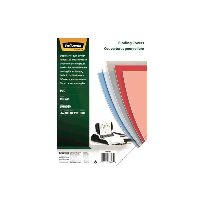 Fellowes Pack de 100 Portadas para Encuadernar de PVC A4 - 300 Micras - Muy Resistentes - Transparente | Ahorro Imprimiendo