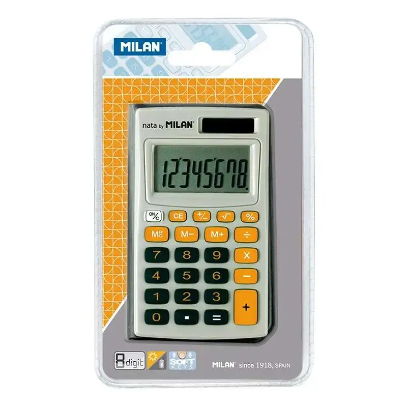 Milan Calculadora de Bolsillo 8 Digitos - 3 Teclas de Memoria y Raiz Cuadrada - Apagado Automatico - Incluye Funda - Color Gris