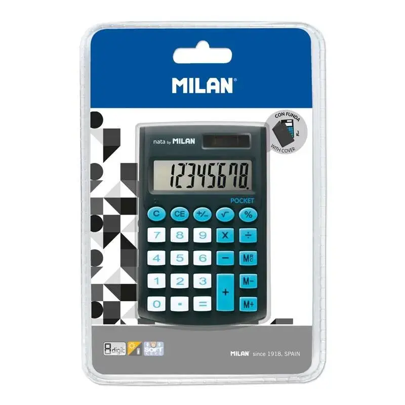 Milan Pocket Calculadora de Bolsillo con Pantalla de 8 Digitos - 3 Teclas de Memoria y Raiz Cuadrada - Teclas con Tacto Suave -