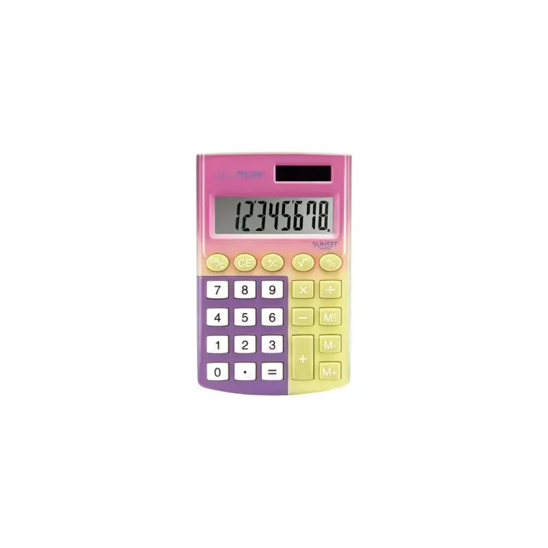 Milan Sunset Calculadora de Bolsillo 8 Digitos - Alimentacion Solar/Pila - Color Amarillo/Violeta | Ahorro Imprimiendo