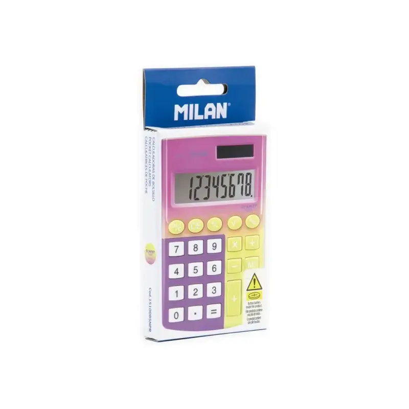 Milan Sunset Calculadora de Bolsillo 8 Digitos - Alimentacion Solar/Pila - Color Amarillo/Violeta | Ahorro Imprimiendo