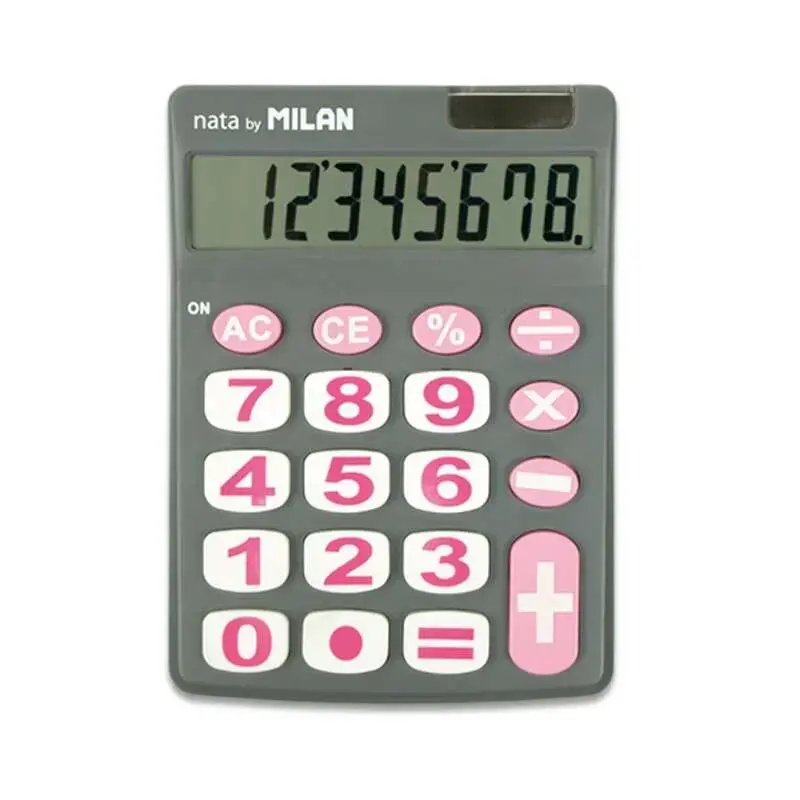 Milan Nata Calculadora de Sobremesa 8 Digitos - Teclas Grandes - Apagado Automatico - Color Gris y Rosa | Ahorro Imprimiendo