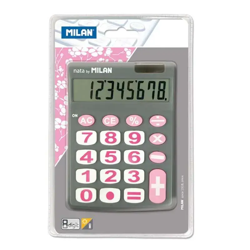Milan Nata Calculadora de Sobremesa 8 Digitos - Teclas Grandes - Apagado Automatico - Color Gris y Rosa | Ahorro Imprimiendo