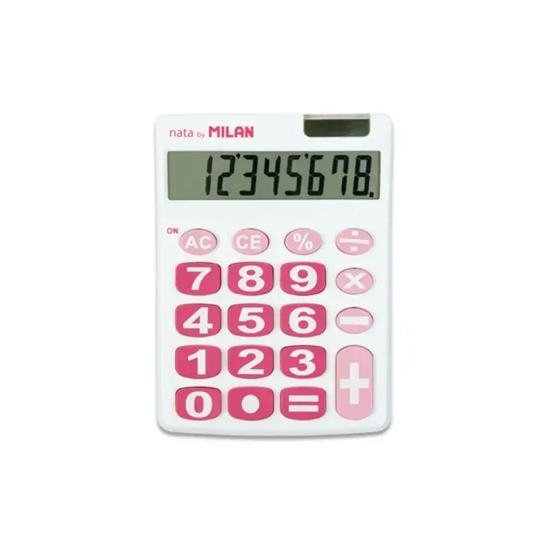 Milan Nata Calculadora de Sobremesa 8 Digitos - Teclas Grandes - Apagado Automatico - Color Blanco y Rosa | Ahorro Imprimiendo