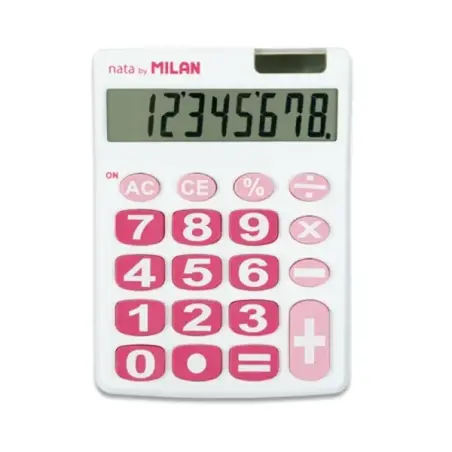 Milan Nata Calculadora de Sobremesa 8 Digitos - Teclas Grandes - Apagado Automatico - Color Blanco y Rosa | Ahorro Imprimiendo