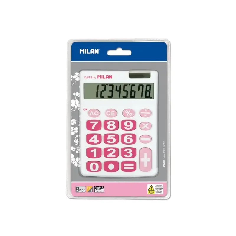 Milan Nata Calculadora de Sobremesa 8 Digitos - Teclas Grandes - Apagado Automatico - Color Blanco y Rosa | Ahorro Imprimiendo
