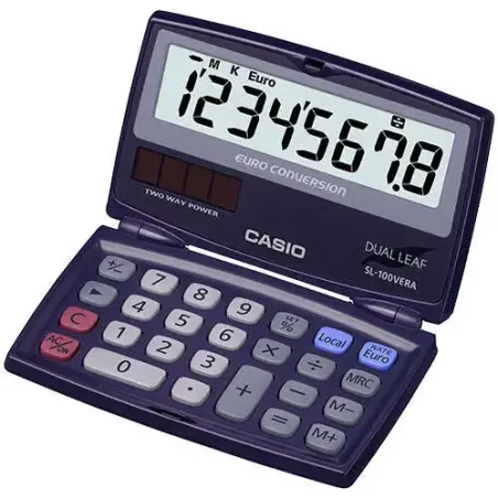 Casio SL-100VERA Calculadora de Bolsillo Tipo Concha - Pantalla LC Extragrande de 8 Digitos - Funcion Conversor de Euros - Color