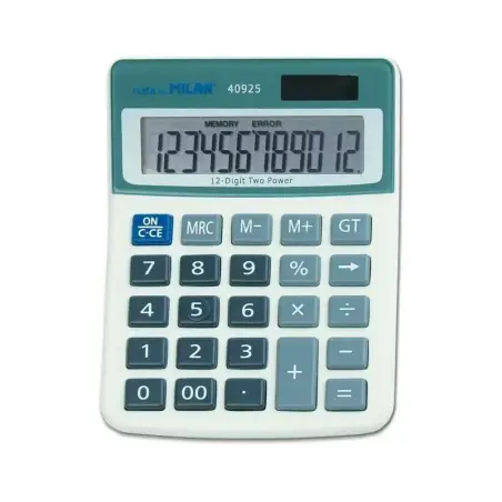 Milan Calculadora de Sobremesa 12 Digitos - 3 Teclas de Memoria - Apagado Automatico - Color Blanco/Azul | Ahorro Imprimiendo