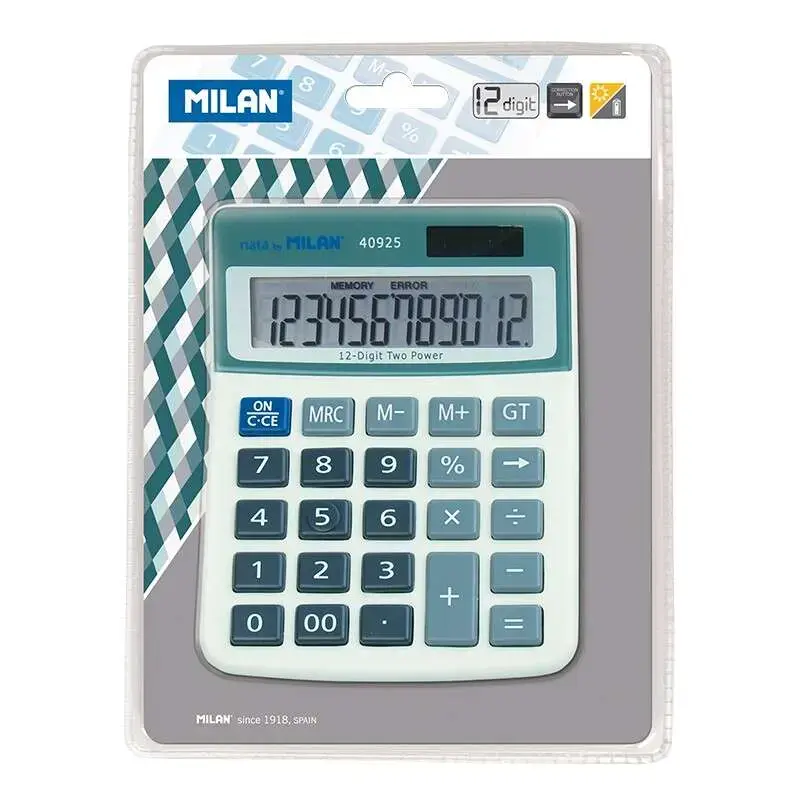 Milan Calculadora de Sobremesa 12 Digitos - 3 Teclas de Memoria - Apagado Automatico - Color Blanco/Azul | Ahorro Imprimiendo