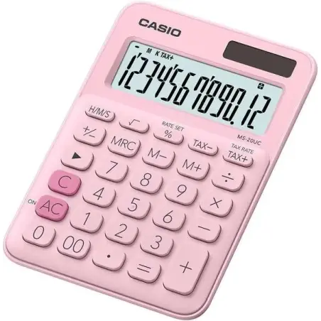 Casio MS-20UC Calculadora de Sobremesa Pequeña - Pantalla LCD de 12 Digitos - Alimentacion Solar y Pilas - Color Rosa | Ahorro I