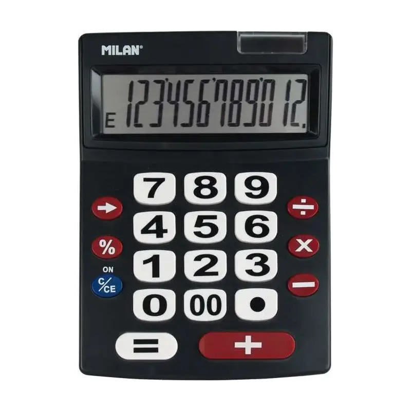 Milan Calculadora 12 Digitos Extra Grande - Teclas Grandes - Tecla Rectificacion Entrada de Datos - Apagado Automatico - Color N