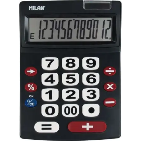 Milan Calculadora 12 Digitos Extra Grande - Teclas Grandes - Tecla Rectificacion Entrada de Datos - Apagado Automatico - Color N