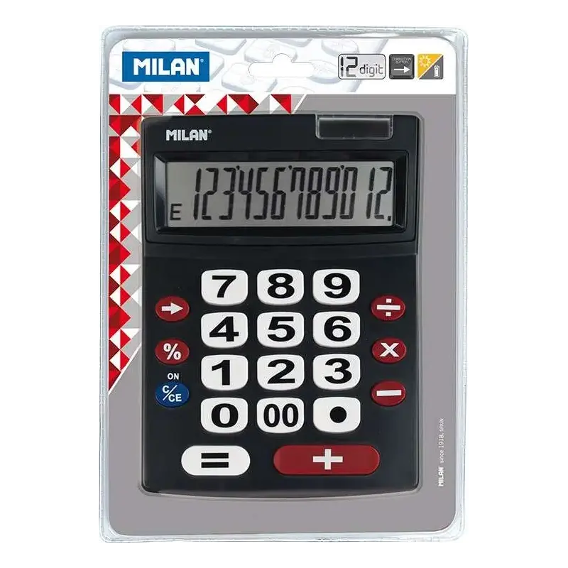 Milan Calculadora 12 Digitos Extra Grande - Teclas Grandes - Tecla Rectificacion Entrada de Datos - Apagado Automatico - Color N