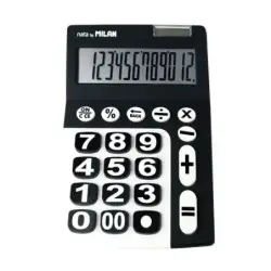 Milan Calculadora de 12 Digitos Extra Grande - Tecla de Rectificacion de Entrada de Datos - Color Negro y Blanco | Ahorro Imprim