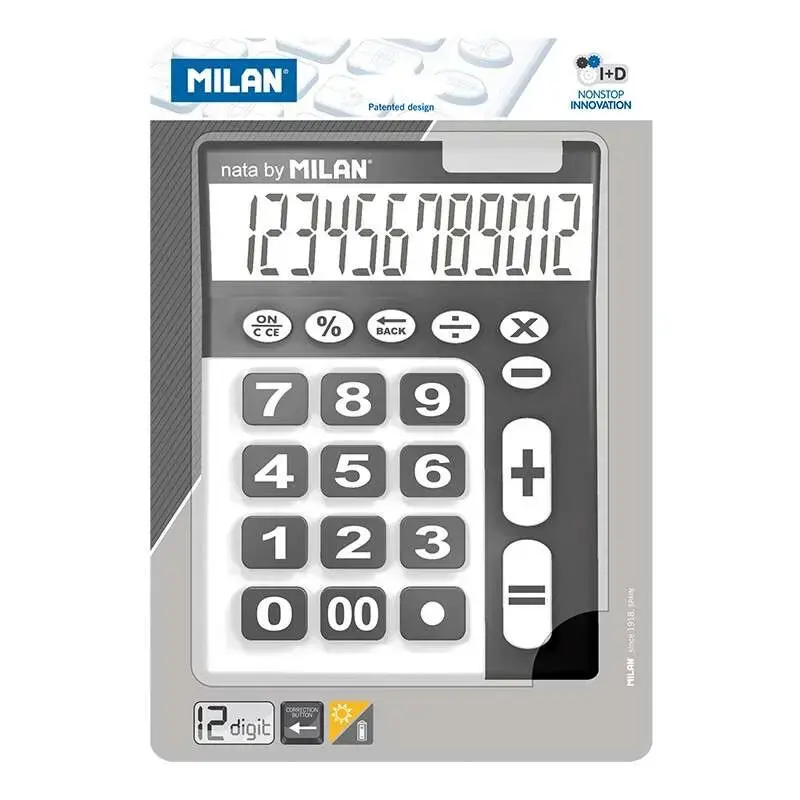 Milan Calculadora de 12 Digitos Extra Grande - Tecla de Rectificacion de Entrada de Datos - Color Negro y Blanco | Ahorro Imprim