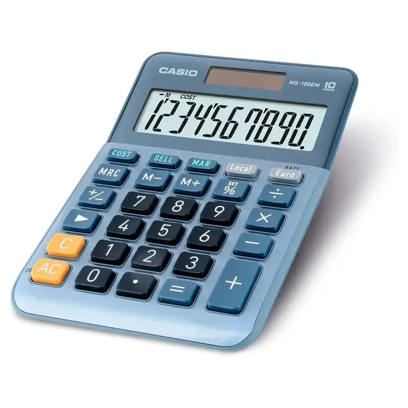 Casio MS-100EM Calculadora de Sobremesa Pequeña - Pantalla LCD de 10 Digitos - Alimentacion Solar y Pilas - Color Azul | Ahorro