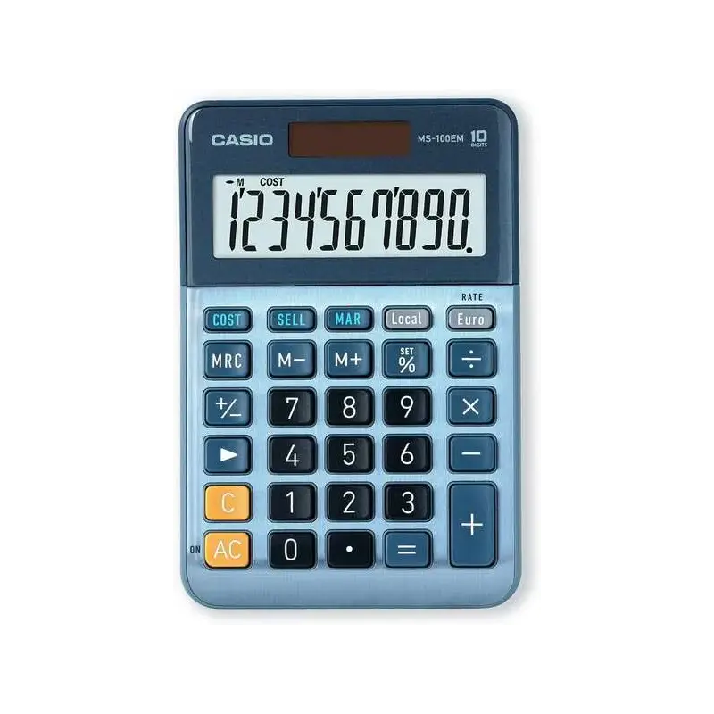 Casio MS-100EM Calculadora de Sobremesa Pequeña - Pantalla LCD de 10 Digitos - Alimentacion Solar y Pilas - Color Azul | Ahorro