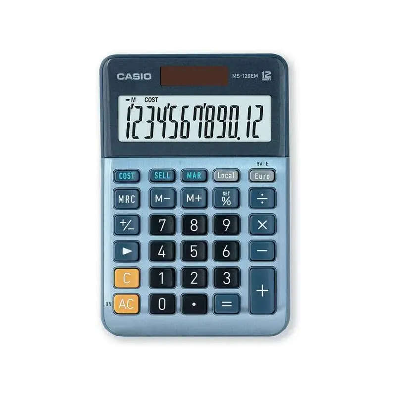 Casio MS-120EM Calculadora de Sobremesa Pequeña - Pantalla LCD de 12 Digitos - Alimentacion Solar y Pilas - Color Azul | Ahorro