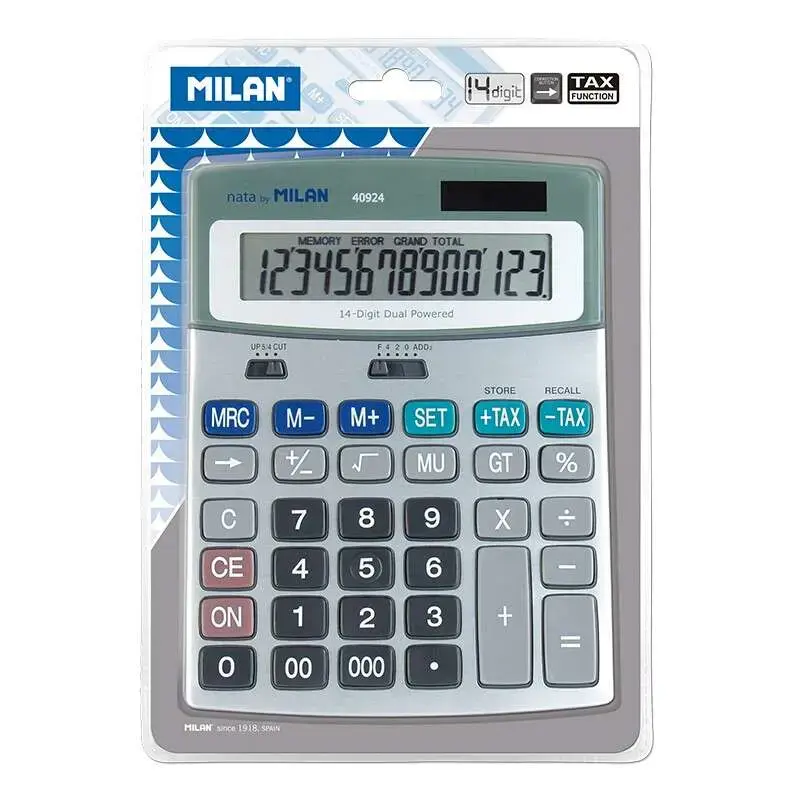 Milan Calculadoras de 14 Digitos - 3 Teclas de Memoria - Funcion Impuestos - Calculo de Margenes - Color Gris | Ahorro Imprimien