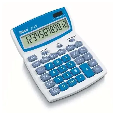 Ibico 212X Calculadora de Sobremesa Pantalla LCD de 12 Digitos Inclinable - Teclas de Relieve - Funcion Impuestos y Redondeo - C