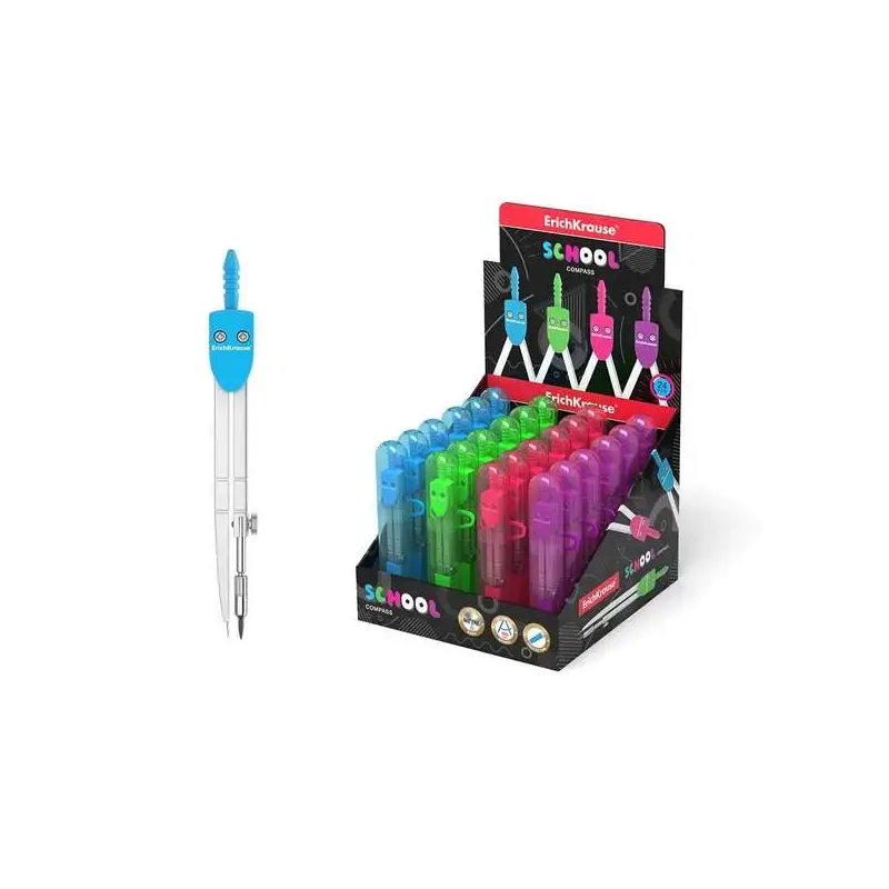Erichkrause Compas de Metal School 120mm - Radio Maximo 18 cm - Estuche de Plastico con Regla Incluida - Colores Neon - Caja de