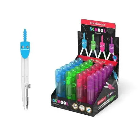 Erichkrause Compas de Metal School 120mm - Radio Maximo 18 cm - Estuche de Plastico con Regla Incluida - Colores Neon - Caja de