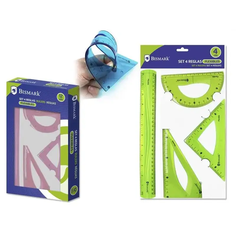 Bismark Pack de 4 Reglas Flexibles - Regla Recta - Transportador - Escuadra - Cartabon - Colores Surtidos | Ahorro Imprimiendo