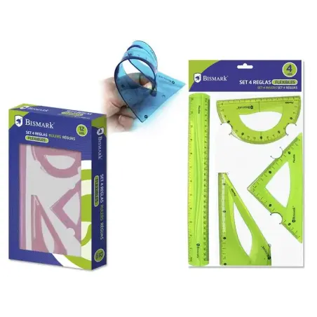 Bismark Pack de 4 Reglas Flexibles - Regla Recta - Transportador - Escuadra - Cartabon - Colores Surtidos | Ahorro Imprimiendo