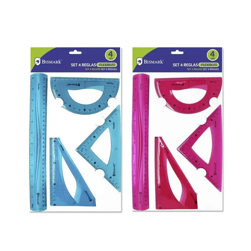Bismark Pack de 4 Reglas Flexibles - Regla Recta - Transportador - Escuadra - Cartabon - Colores Surtidos | Ahorro Imprimiendo