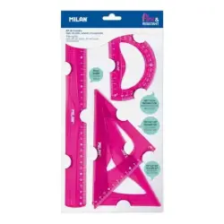 Milan Pack de 4 Reglas Flexibles y Resistentes - Regla, Escuadra, Cartabon y Transportador - Color Rosa | Ahorro Imprimiendo