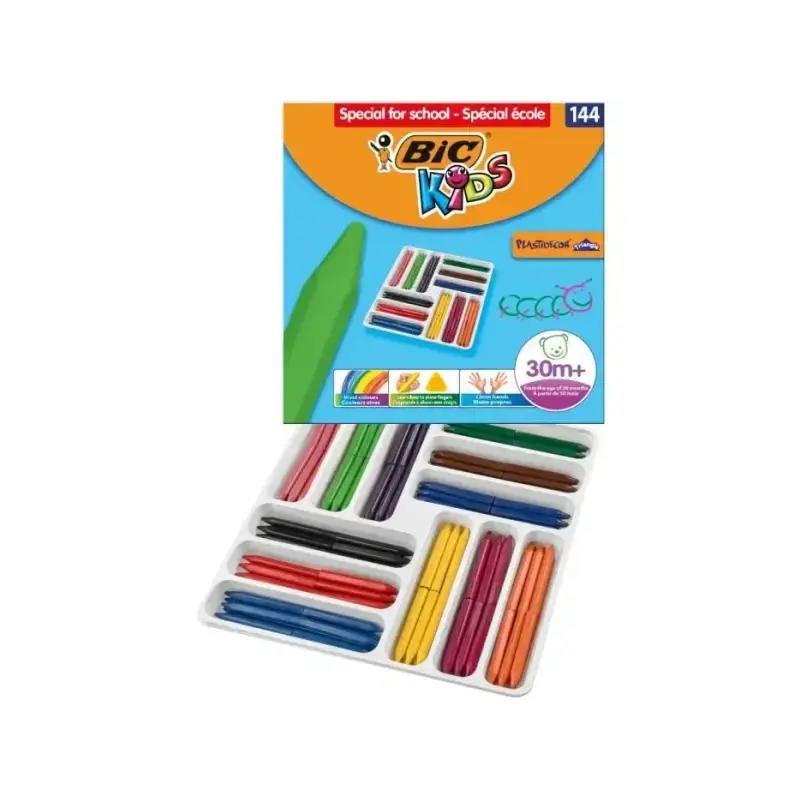 Bic Kids Plastidecor Triangle Caja de 144 Lapices de Cera - Facil de Sacar Punta - No Mancha - Ideal para Escuelas Infantiles -