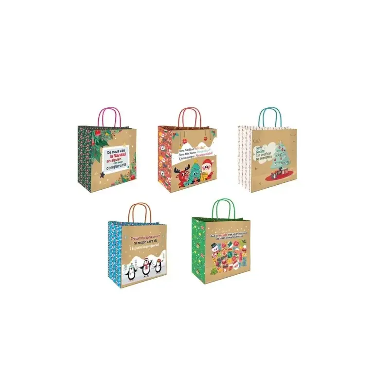 Bismark Bolsa de Papel Kraft con Mensajes Navideños - Medidas 26x8x24cm - 5 Diseños Diferentes