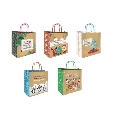 Bismark Bolsa de Papel Kraft con Mensajes Navideños - Medidas 26x8x24cm - 5 Diseños Diferentes